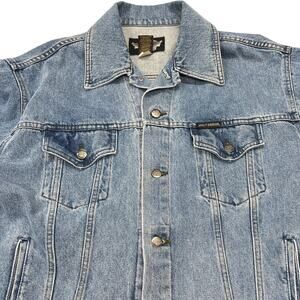 Harley Davidson Denim Jacket Large Embroidered Logo Blue Trucker